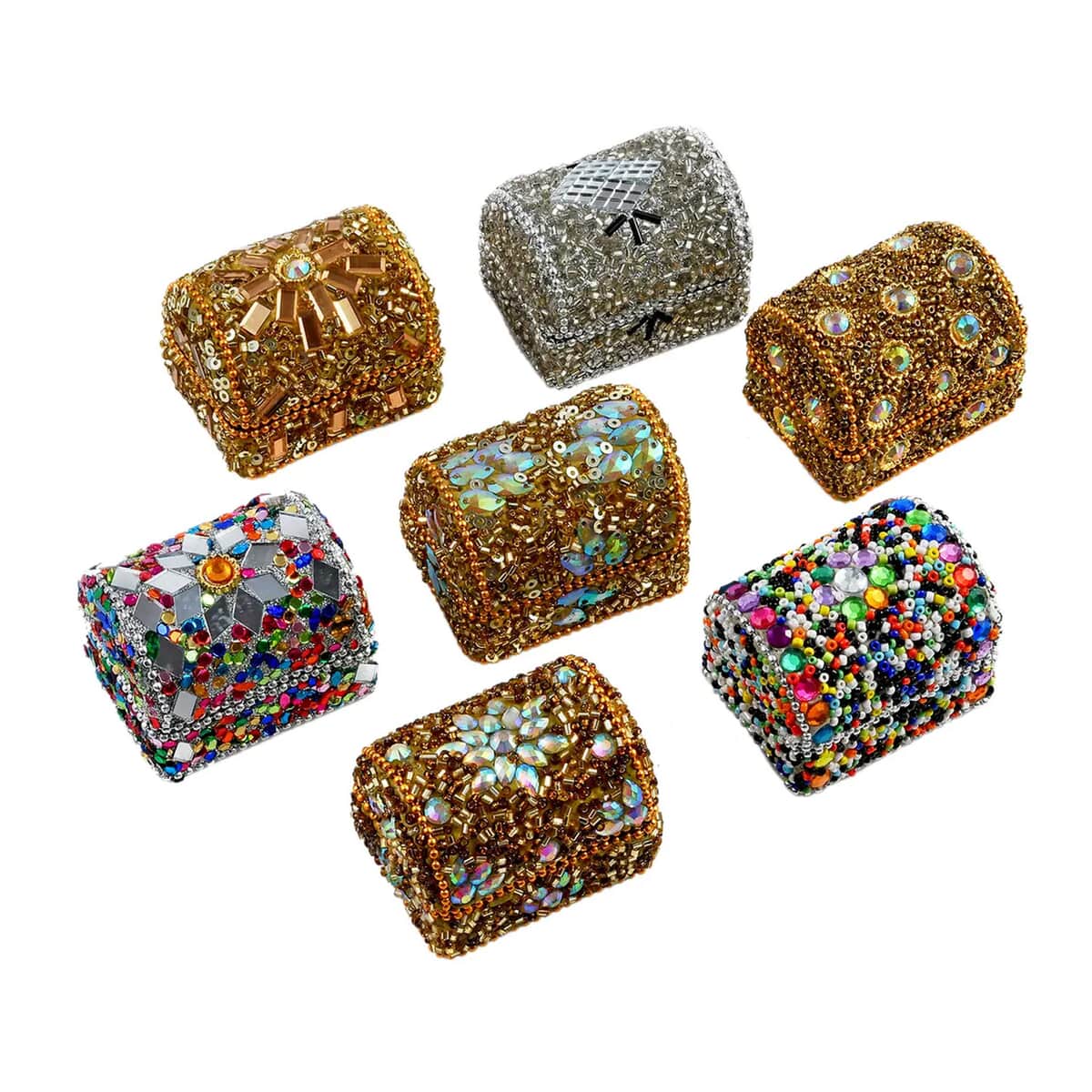 Handcrafted Set of 7 Metallic, Multi Color Beaded Wooden Treasure Chest , Jewelry Storage Box for Women , Travel Jewelry Case image number 0