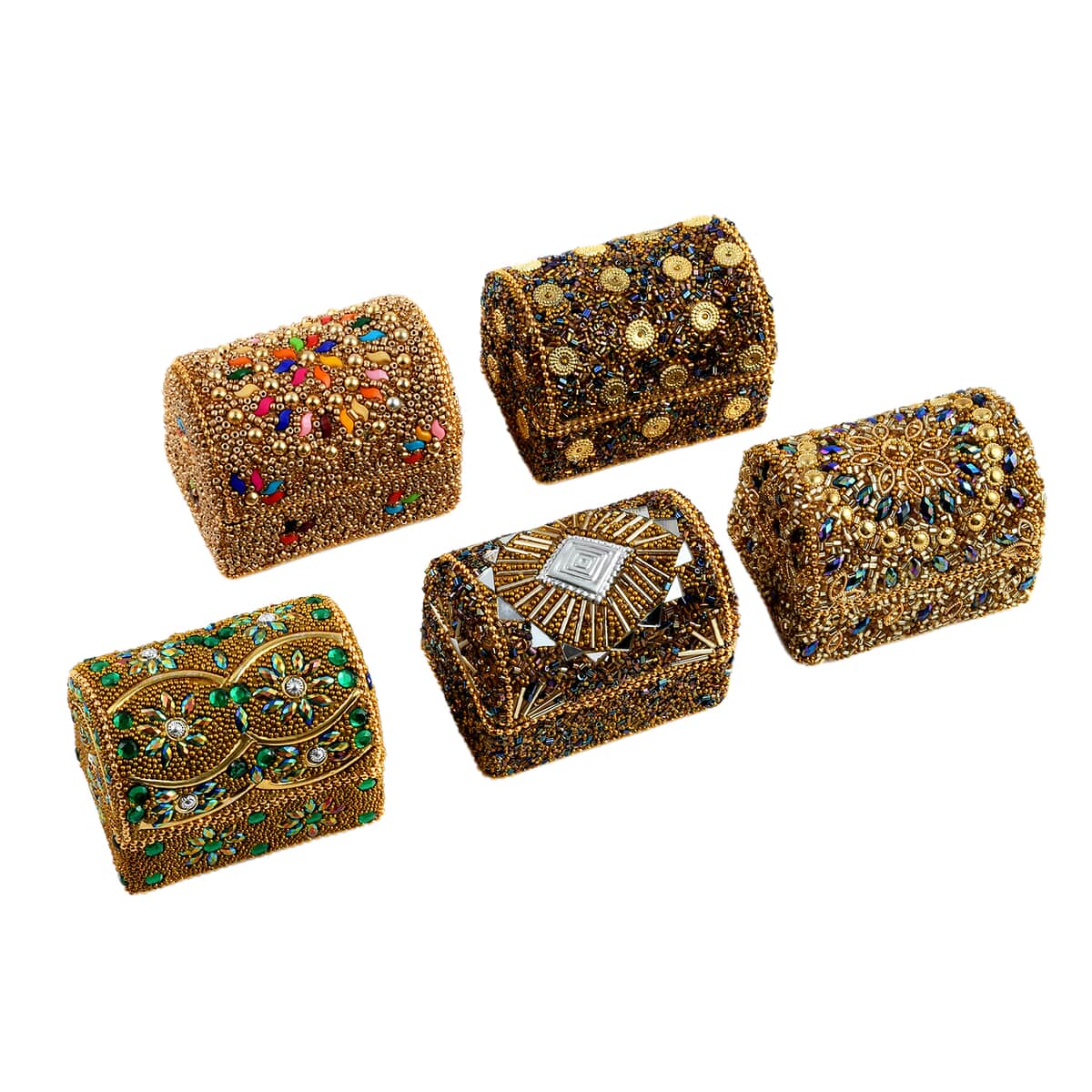 Handcrafted Set of 5 Golden, Multi Color Beaded Mini Chests image number 0