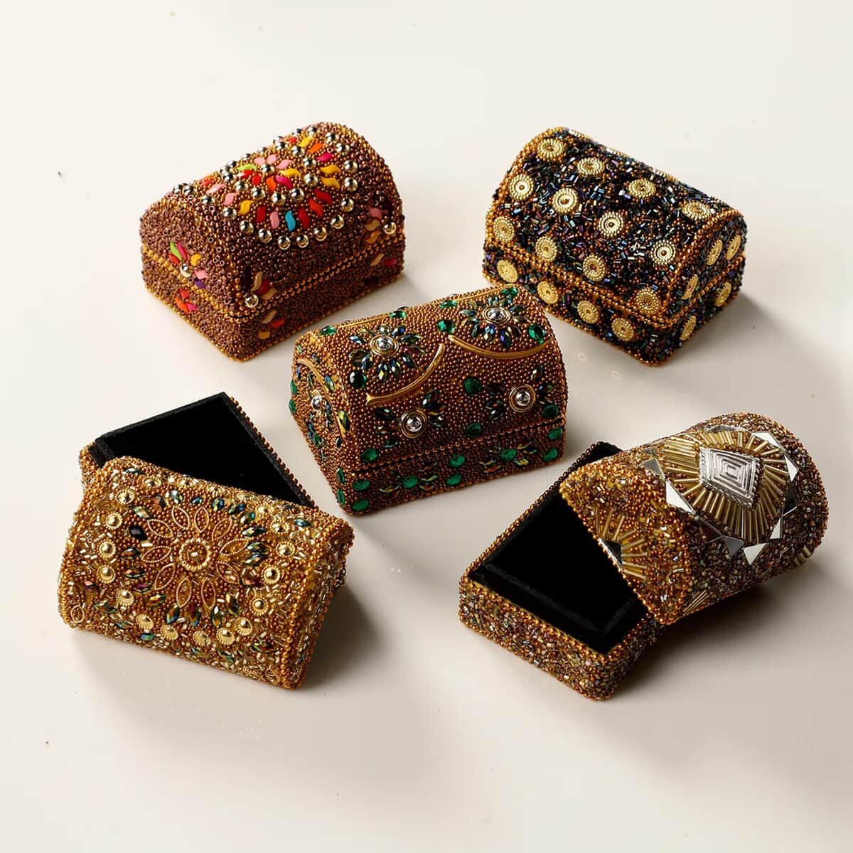 Handcrafted Set of 5 Golden, Multi Color Beaded Mini Chests image number 1