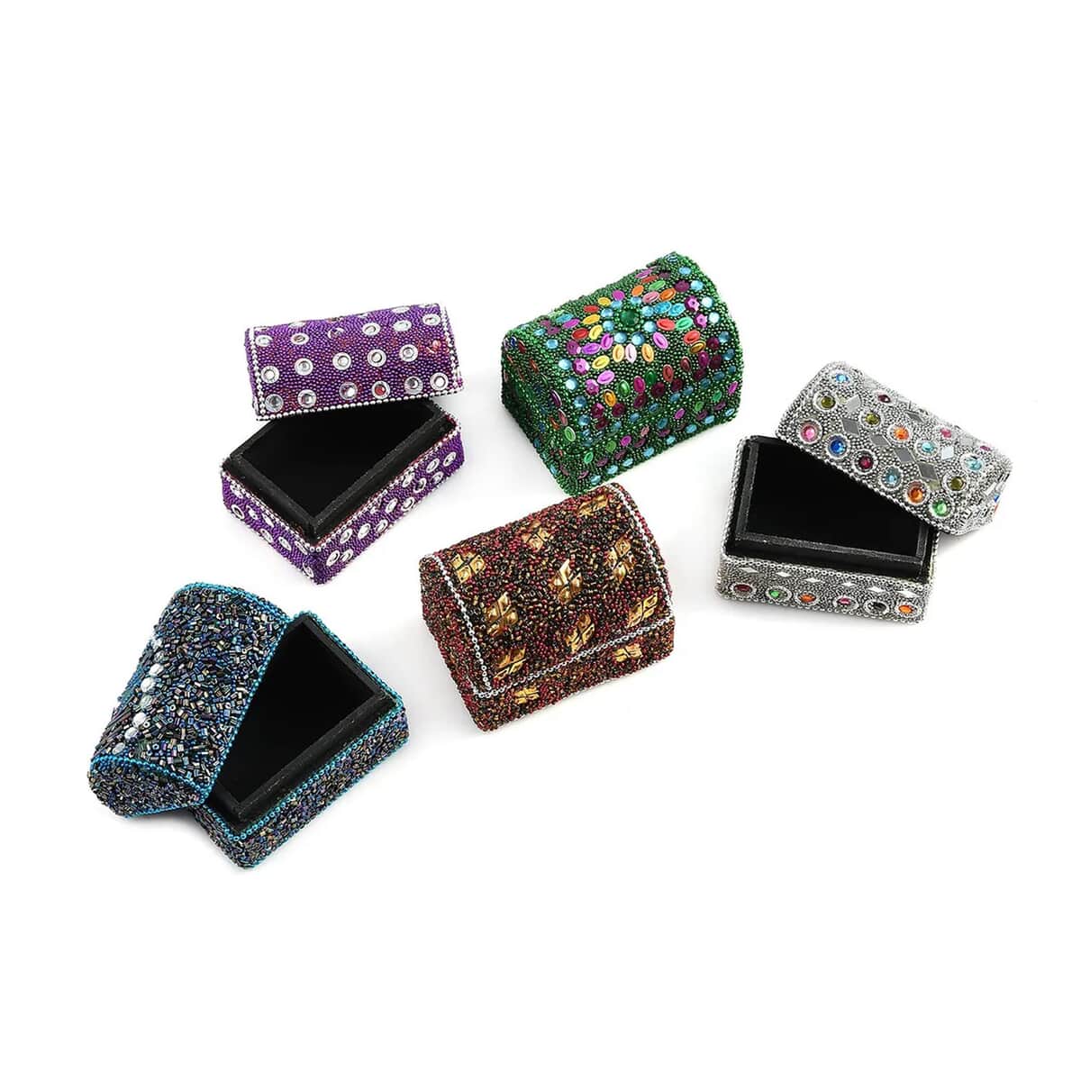 Handcrafted Set of 5 Multi Color Beaded Mini Chests image number 4