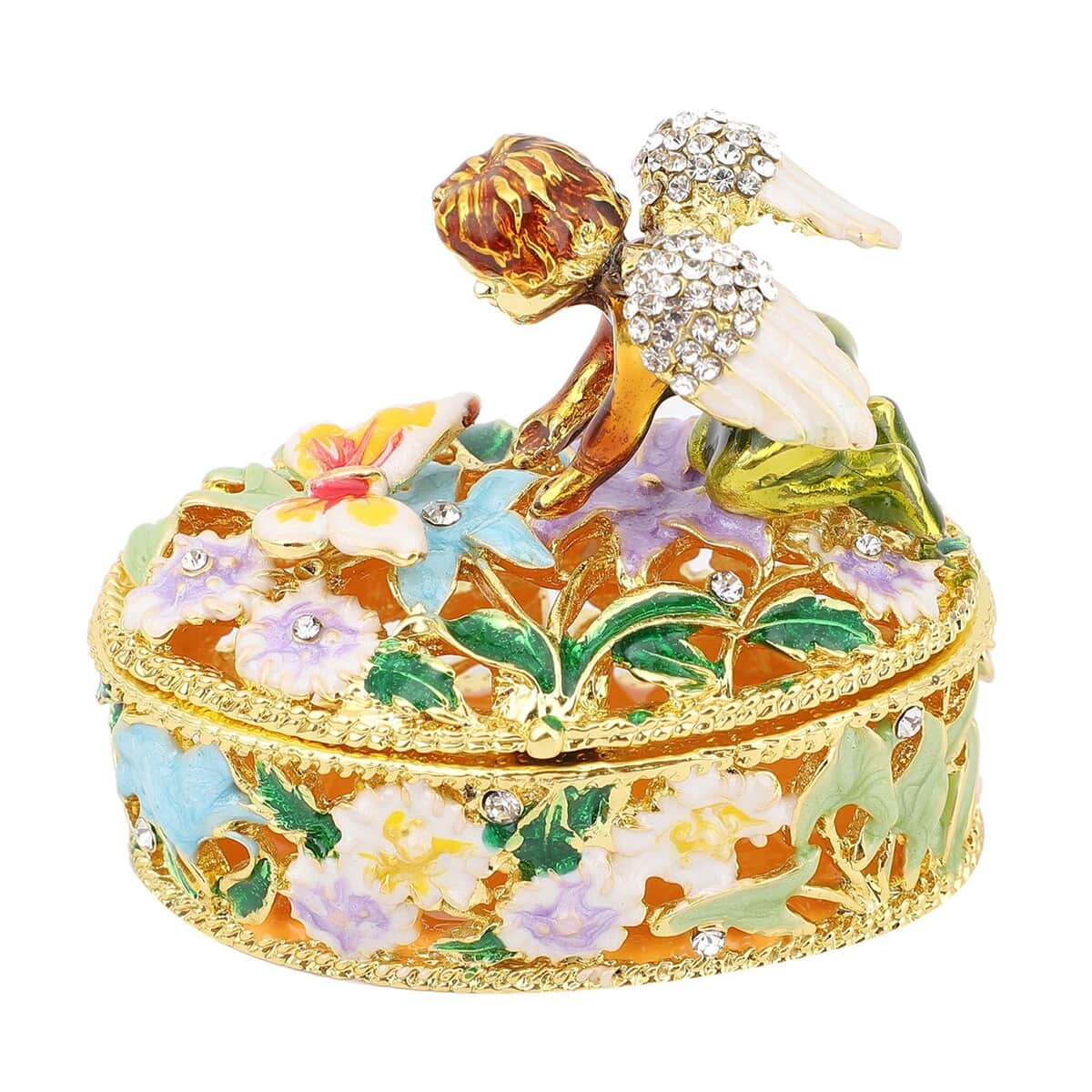 White Austrian Crystal, Enameled Angel Trinket Box in Goldtone | Vintage Trinket Box | Antique | Jewelry Storage | Jewelry Holder | Gift Item image number 0