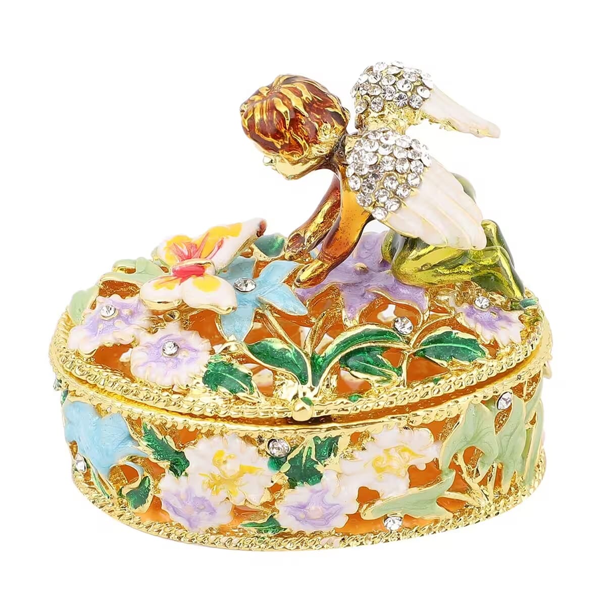 DOORBUSTER White Austrian Crystal, Enameled Angel Trinket Box in Goldtone (2.5x1.5) image number 0