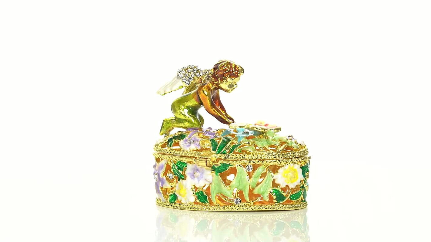 DOORBUSTER White Austrian Crystal, Enameled Angel Trinket Box in Goldtone (2.5x1.5)