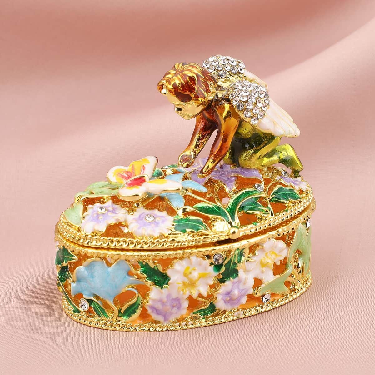 White Austrian Crystal, Enameled Angel Trinket Box in Goldtone | Vintage Trinket Box | Antique | Jewelry Storage | Jewelry Holder | Gift Item image number 1
