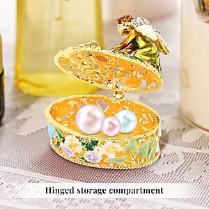 Livmore White Austrian Crystal, Enameled Angel Trinket Box in Goldtone