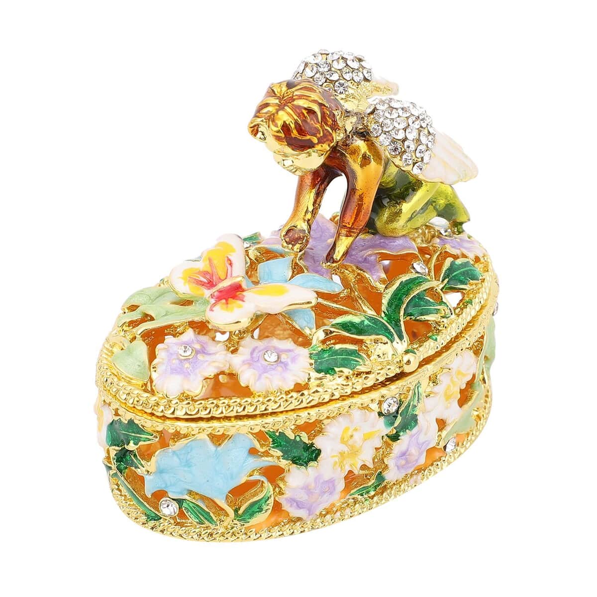 White Austrian Crystal, Enameled Angel Trinket Box in Goldtone | Vintage Trinket Box | Antique | Jewelry Storage | Jewelry Holder | Gift Item image number 2