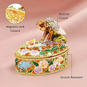 Livmore White Austrian Crystal, Enameled Angel Trinket Box in Goldtone