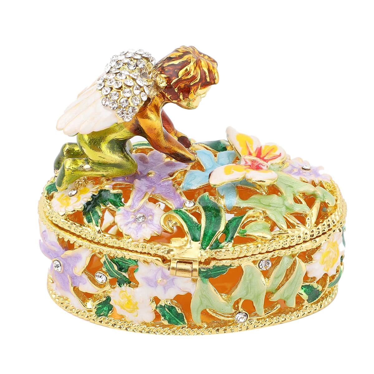 White Austrian Crystal, Enameled Angel Trinket Box in Goldtone | Vintage Trinket Box | Antique | Jewelry Storage | Jewelry Holder | Gift Item image number 3