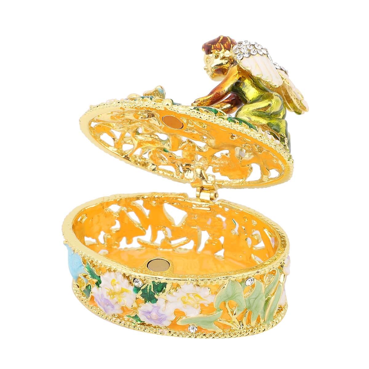 White Austrian Crystal, Enameled Angel Trinket Box in Goldtone | Vintage Trinket Box | Antique | Jewelry Storage | Jewelry Holder | Gift Item image number 4
