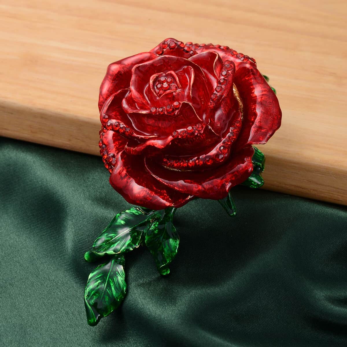 Red Austrian Crystal, Enameled Rose Trinket Box with Magnetic Lock in Goldtone image number 1