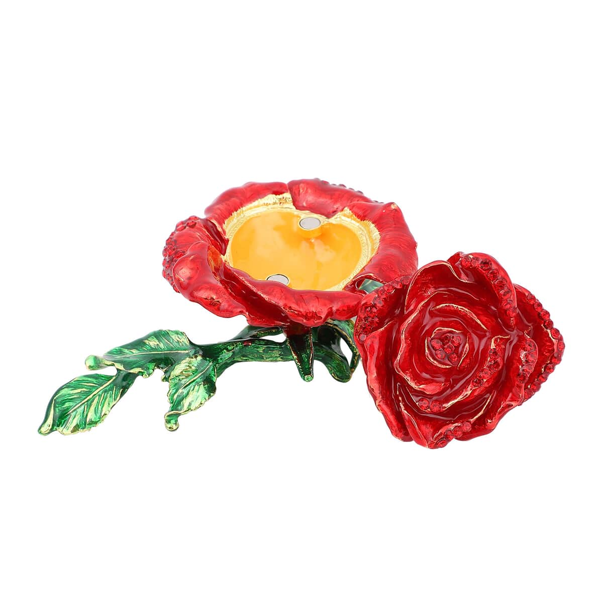 Red Austrian Crystal, Enameled Rose Trinket Box with Magnetic Lock in Goldtone image number 5