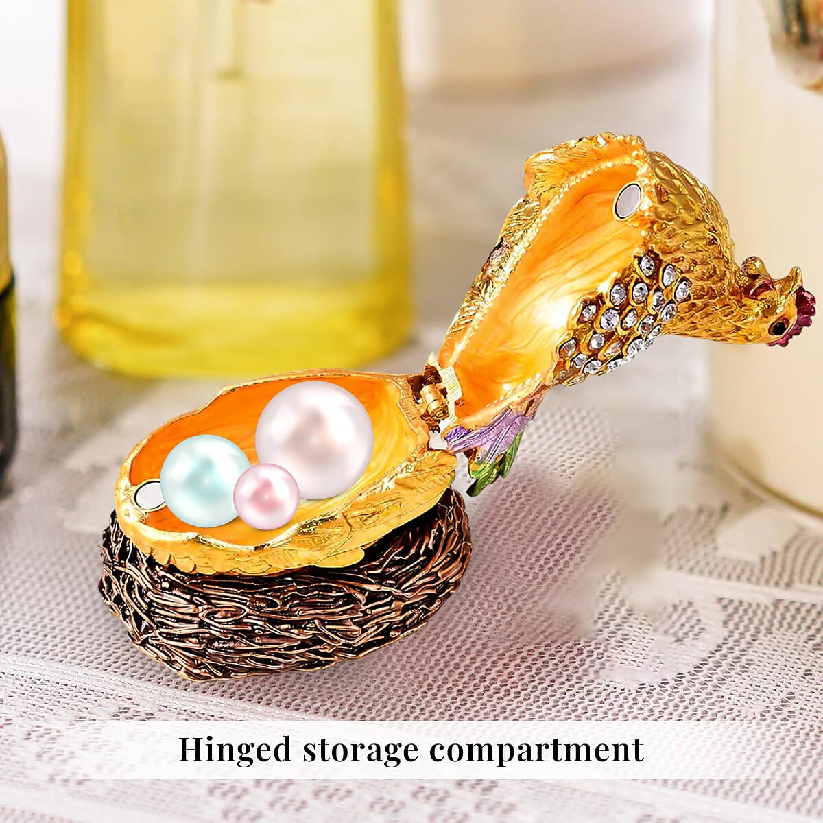 White and Black Austrian Crystal, Enameled Hen Trinket Box in Goldtone image number 2