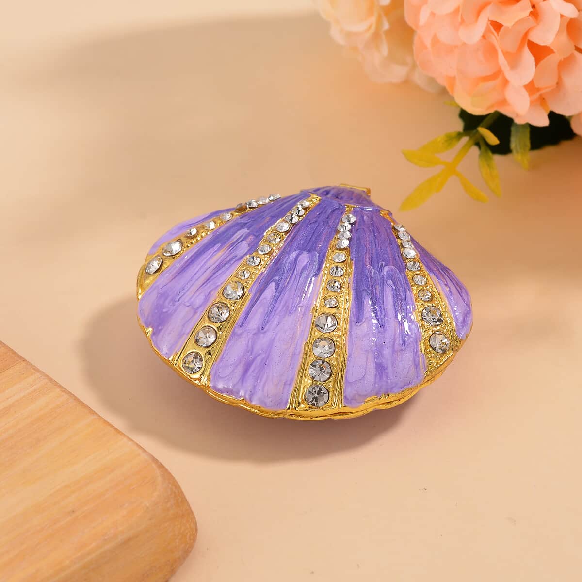 White Austrian Crystal, Enameled Sea Shell Trinket Box in Goldtone image number 1