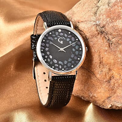 Rachel Galley Diamond Accent Swiss Movement MOP Dial Watch with Black Leather Band (6.50-8.25 Inches) (33mm)