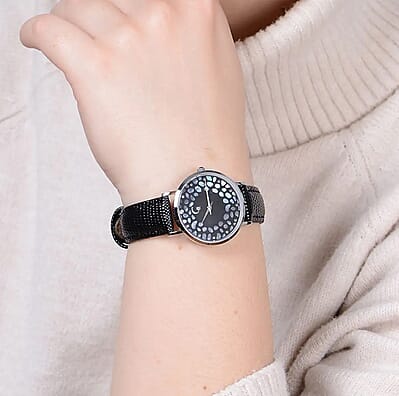 Rachel Galley Diamond Accent Swiss Movement MOP Dial Watch with Black Leather Band (6.50-8.25 Inches) (33mm)