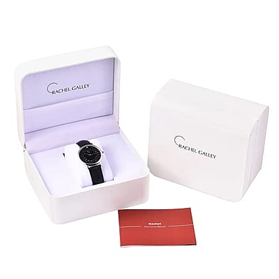 Rachel Galley Diamond Accent Swiss Movement MOP Dial Watch with Black Leather Band (6.50-8.25 Inches) (33mm)