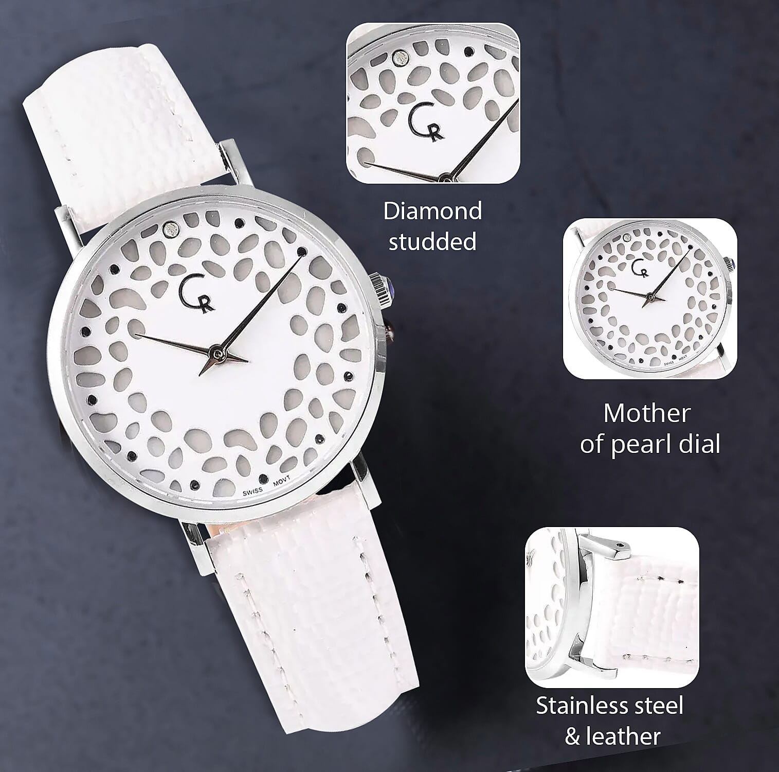 Rachel Galley Diamond Accent Swiss Movement MOP Dial Watch with White Leather Band (6.50-8.25 Inches) (33mm)