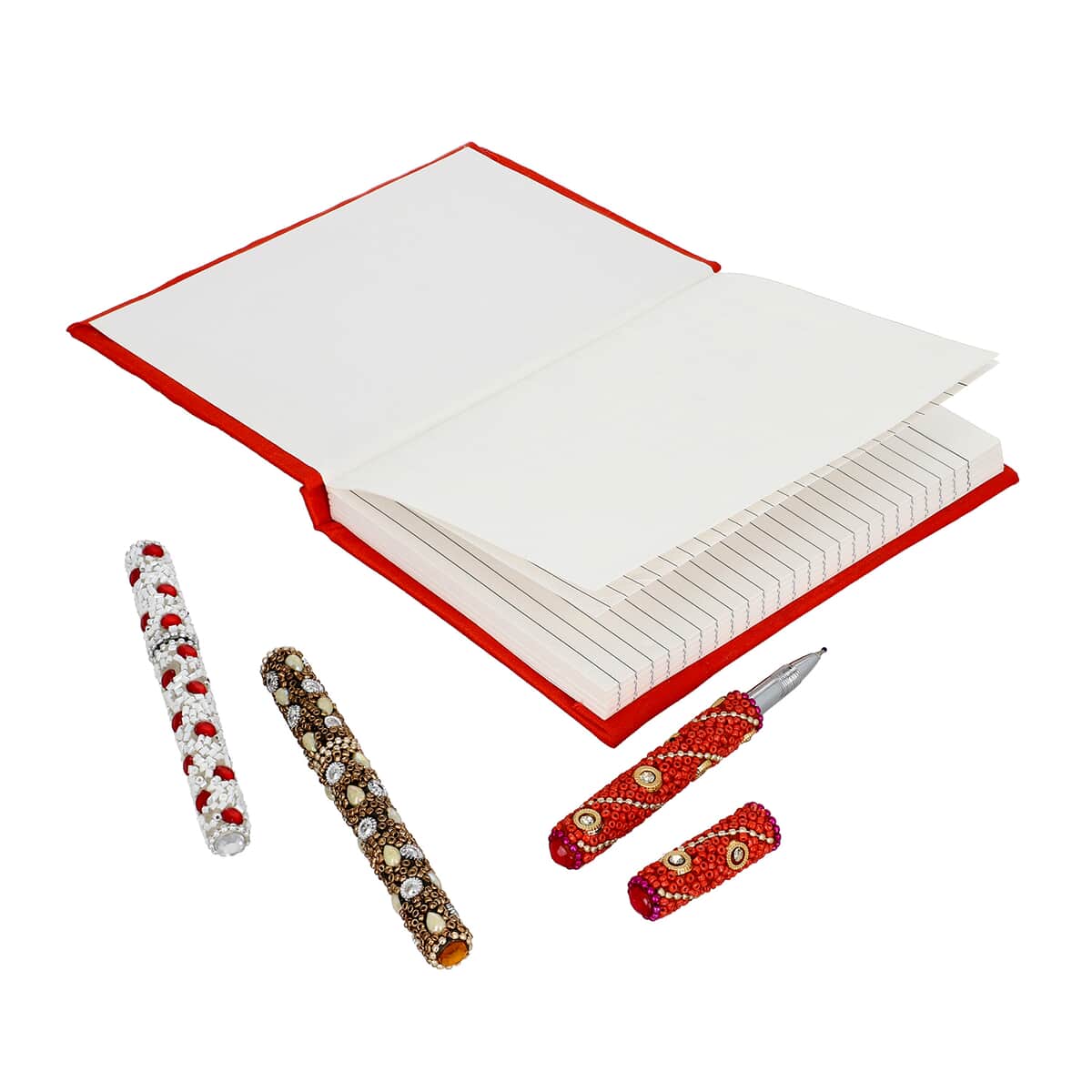 Handcrafted Red Embroidered Journal and Set of 3 Beaded Pens image number 3