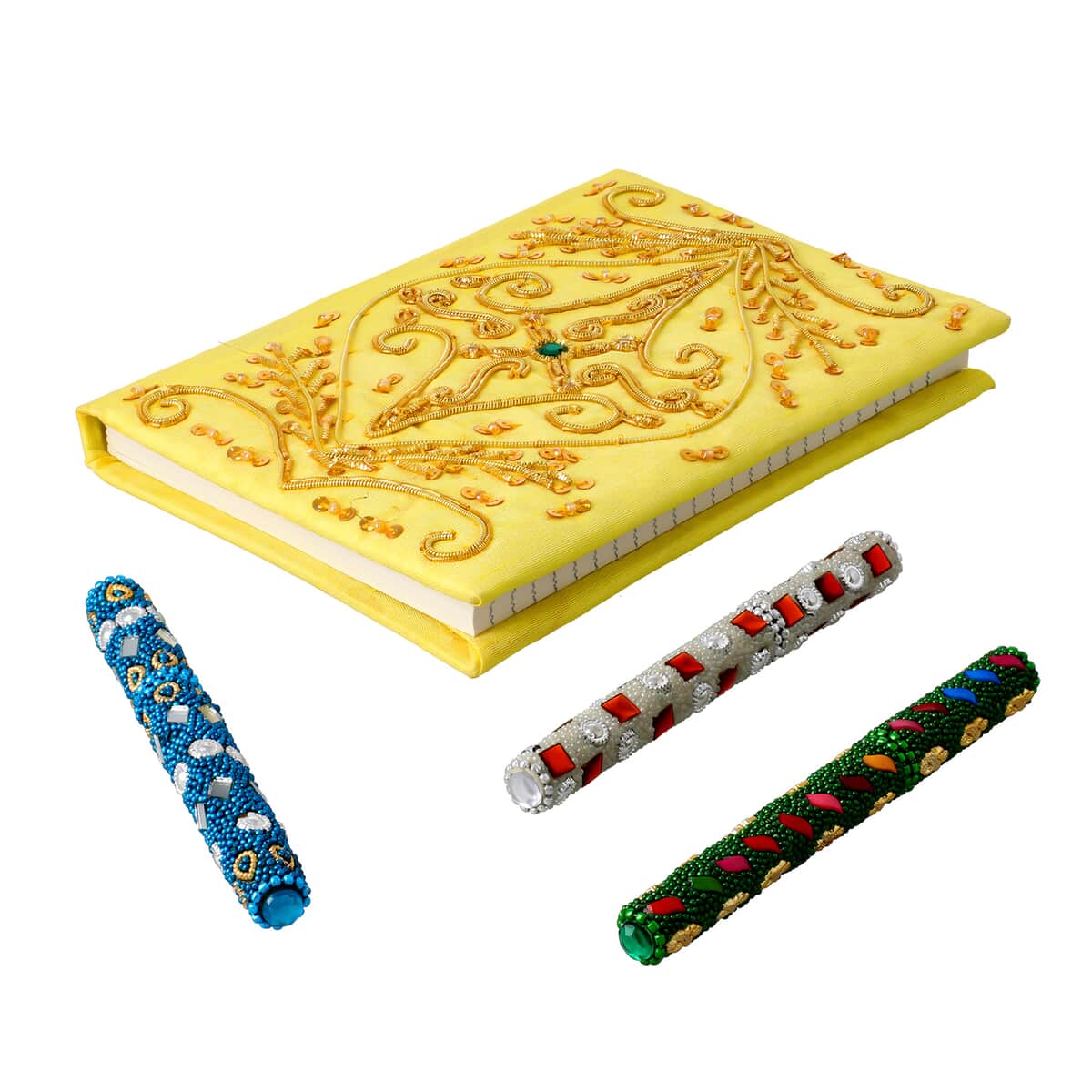 Handcrafted Yellow Embroidered Journal and Set of 3 Beaded Pens image number 0