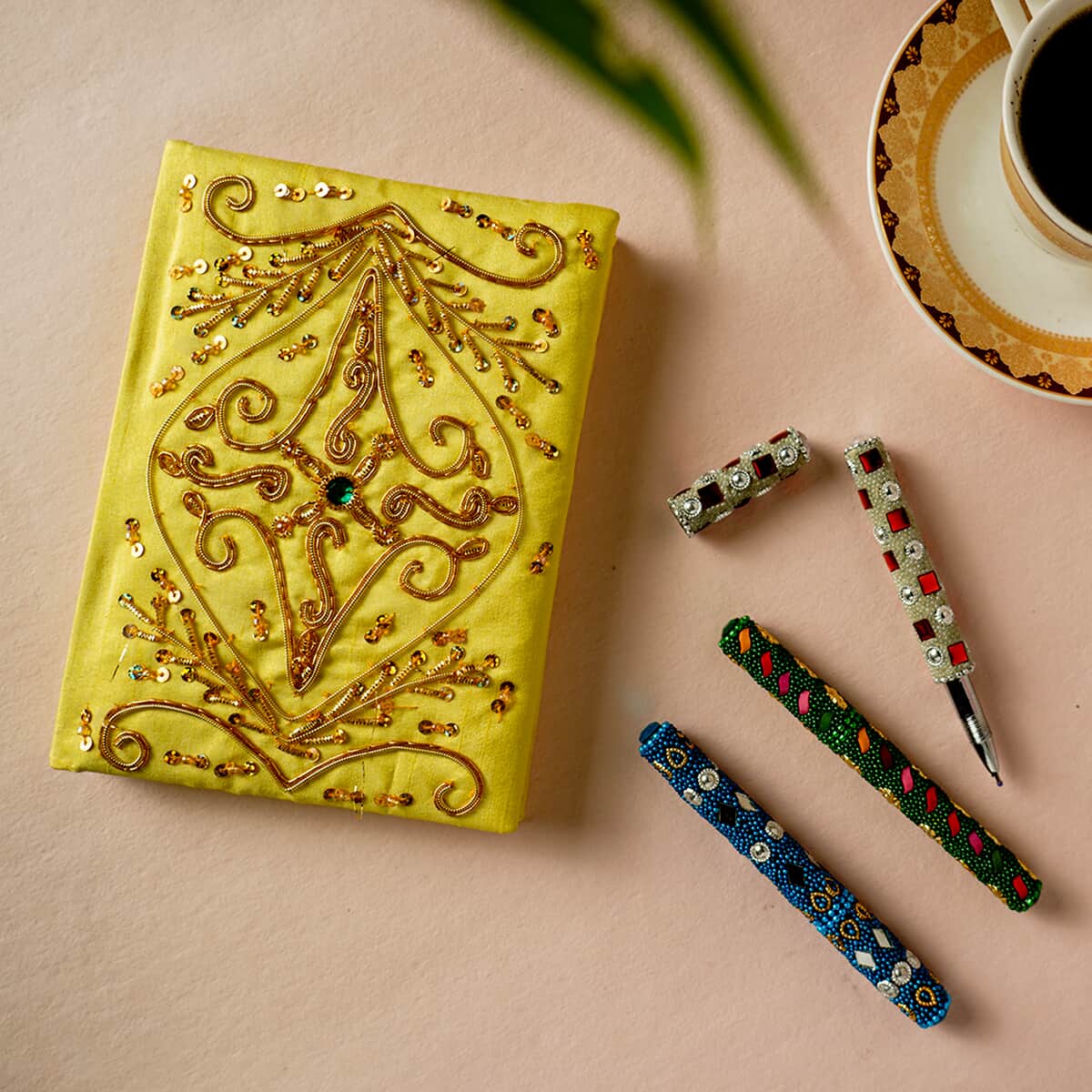 Handcrafted Yellow Embroidered Journal and Set of 3 Beaded Pens image number 1