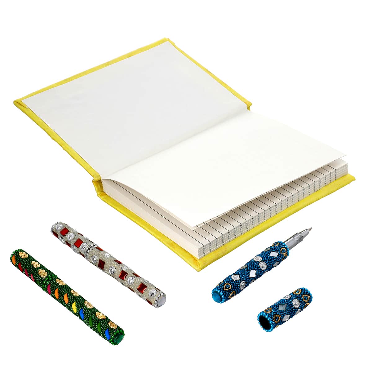 Handcrafted Yellow Embroidered Journal and Set of 3 Beaded Pens image number 3
