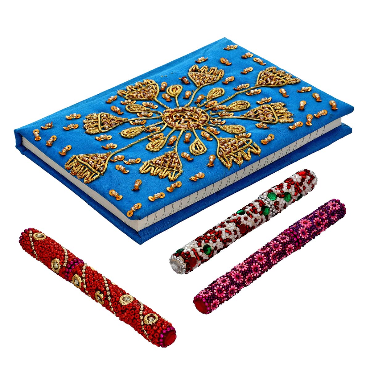 Handcrafted Turquoise Embroidered Journal with Set of 3 Beaded Pens image number 0