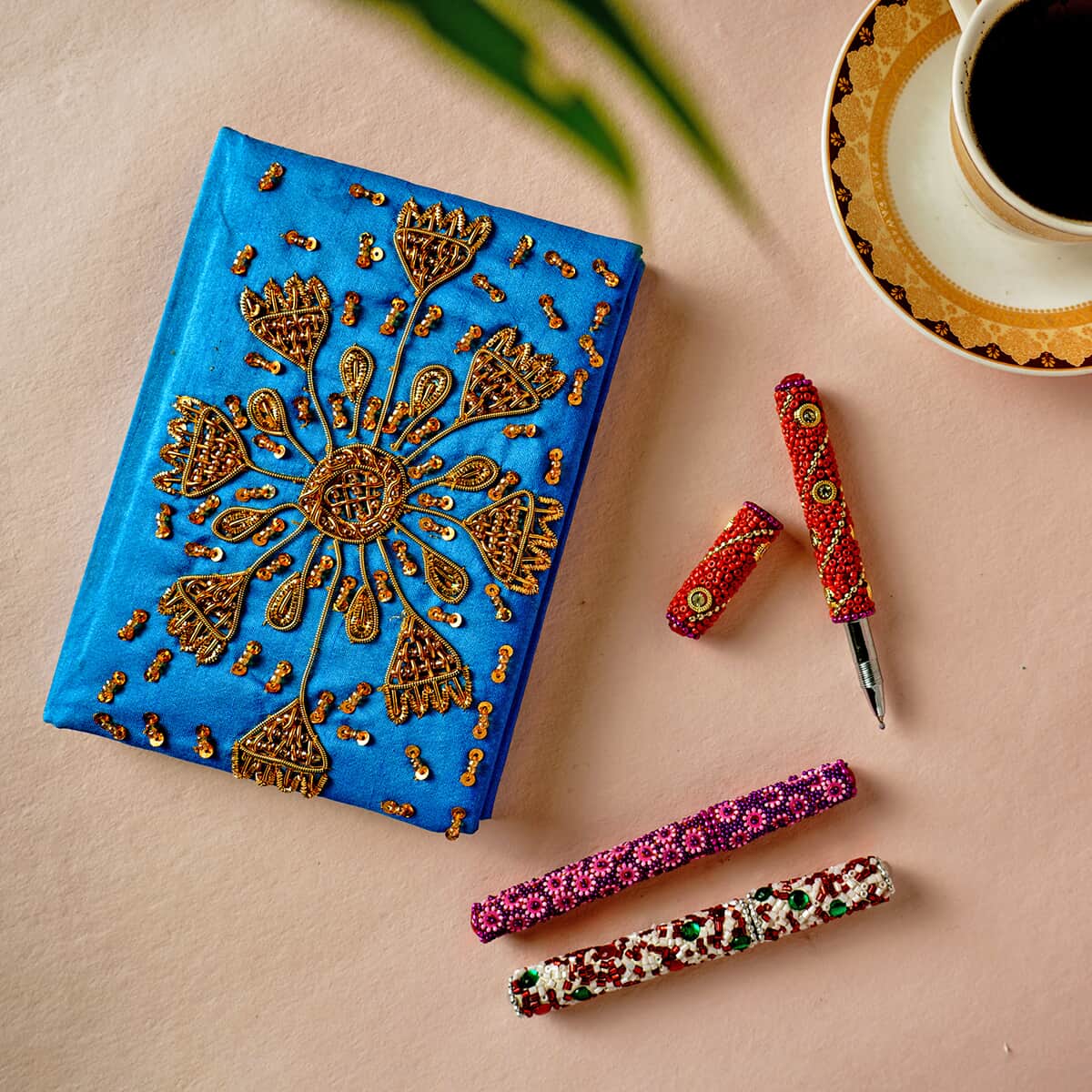 Handcrafted Turquoise Embroidered Journal with Set of 3 Beaded Pens image number 1