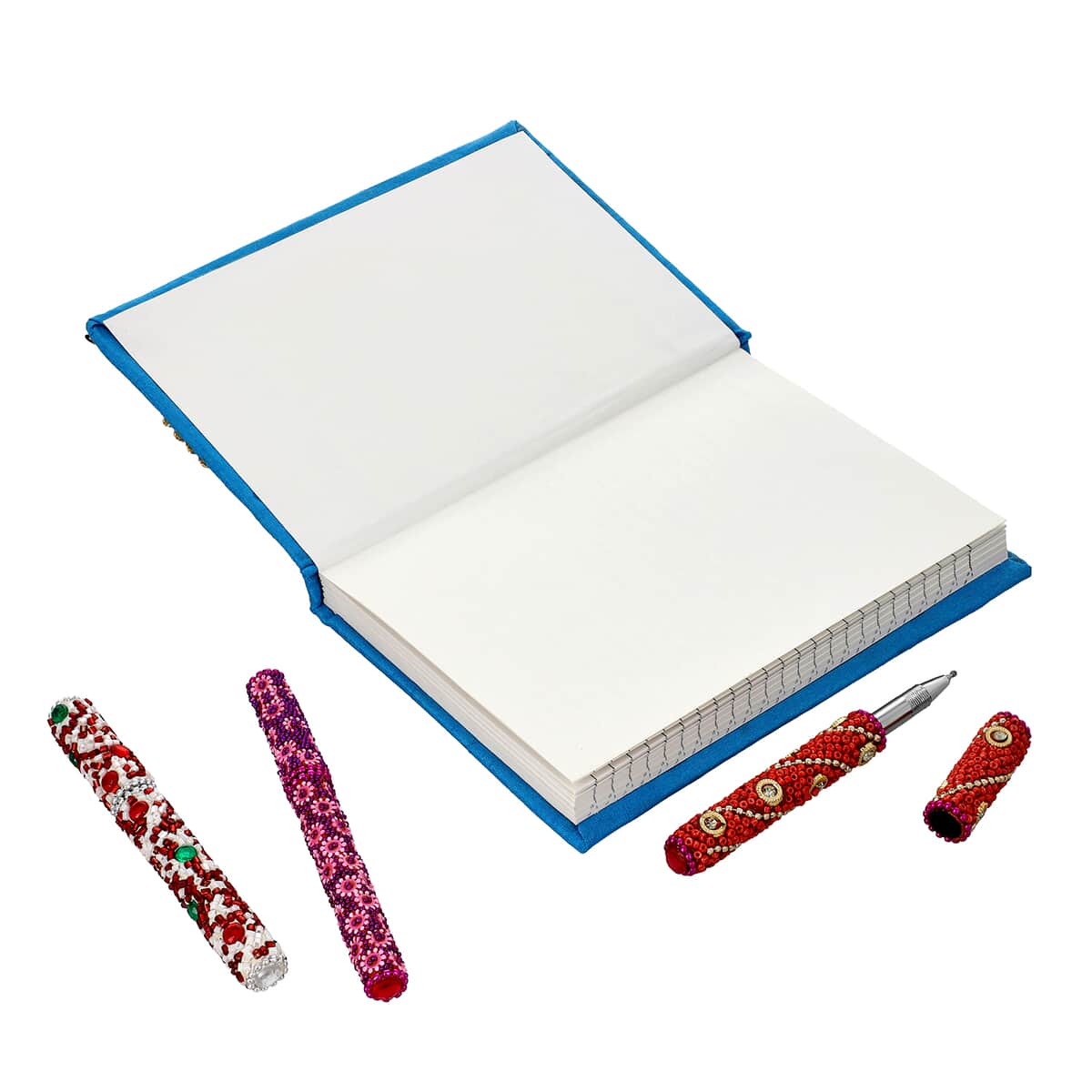 Handcrafted Turquoise Embroidered Journal with Set of 3 Beaded Pens image number 3