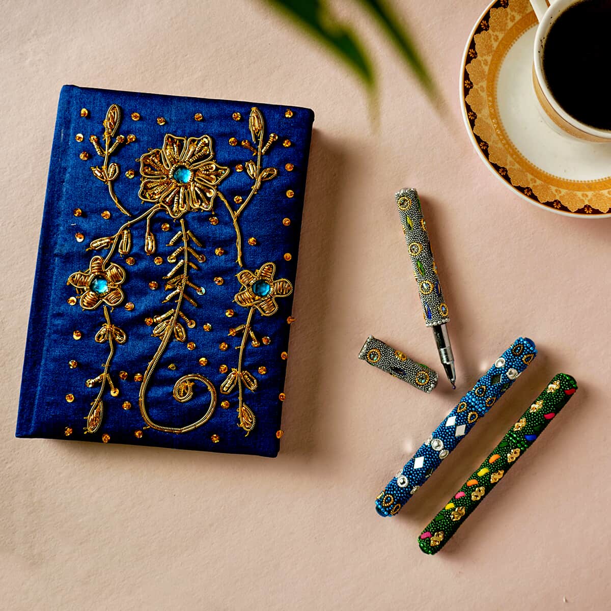 Handcrafted Blue Embroidered Journal and Set of 3 Beaded Pens image number 1