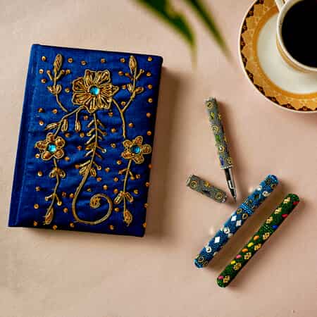 Handcrafted Blue Embroidered Journal and Set of 3 Beaded Pens image number 1