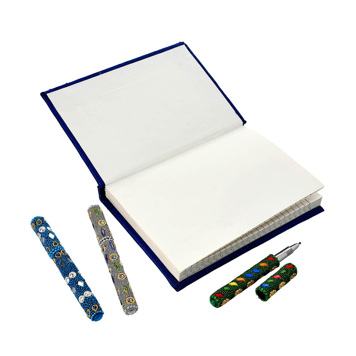 Handcrafted Blue Embroidered Journal and Set of 3 Beaded Pens image number 3