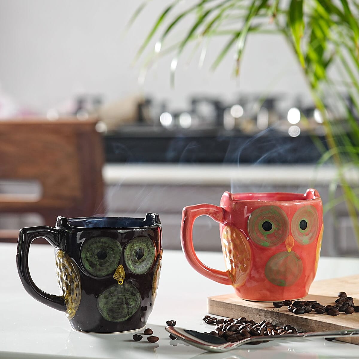 Set of 2 Red and Black Ceramic Owl Coffee Mug image number 1