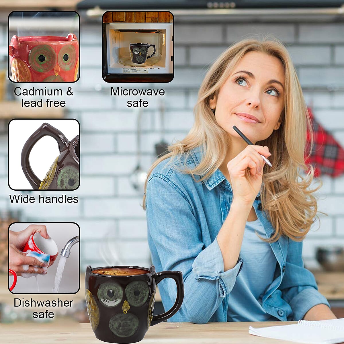 Set of 2 Red and Black Ceramic Owl Coffee Mug image number 2