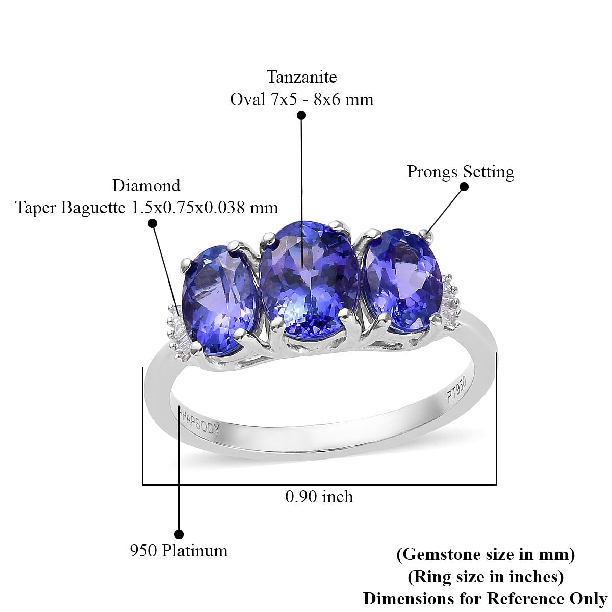 Rhapsody AAAA Premium Tanzanite, Diamond (E-F, VS2) (0.07 ct) Ring in 950 Platinum (Size 6.0) (Avg. 4.73 g) 3.05 ctw