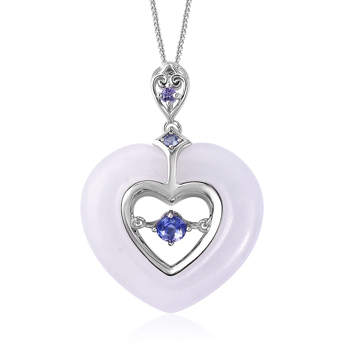 AAA Tanzanite and White Jade Carved Inner Heart Pendant Necklace 18 Inch in Sterling Silver 18.98 ctw
