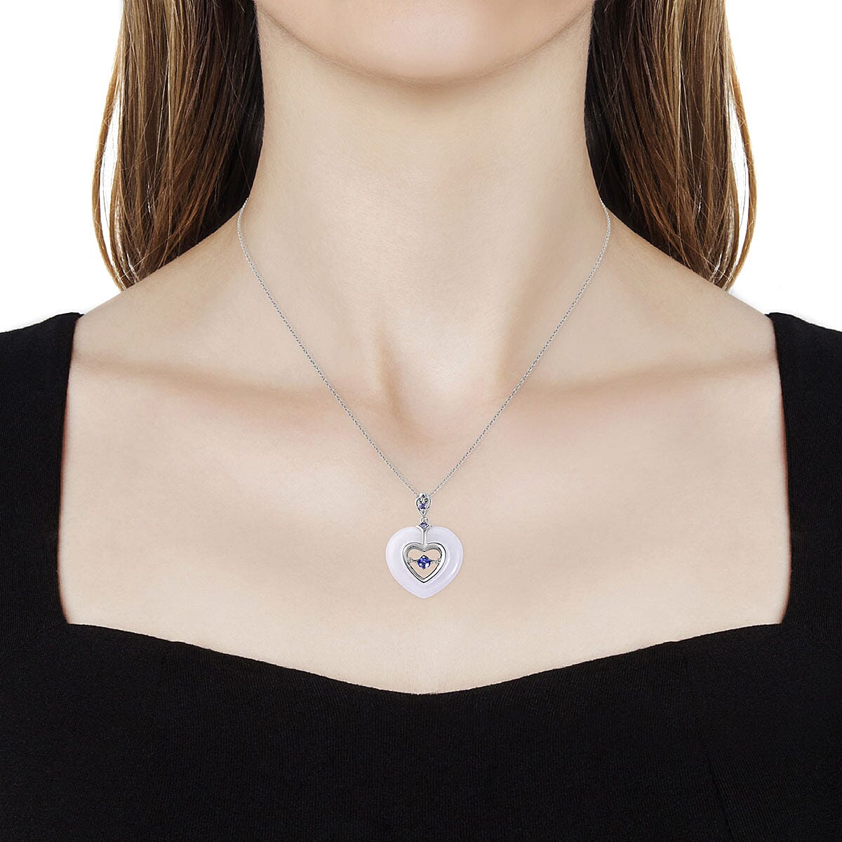 AAA Tanzanite and White Jade Carved Inner Heart Pendant Necklace 18 Inch in Sterling Silver 18.98 ctw