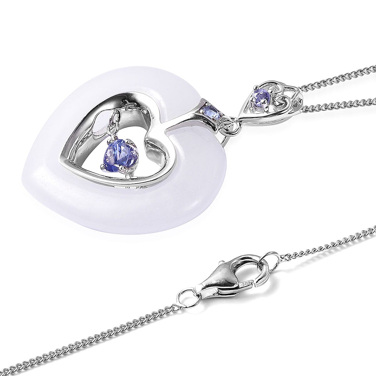 AAA Tanzanite and White Jade Carved Inner Heart Pendant Necklace 18 Inch in Sterling Silver 18.98 ctw