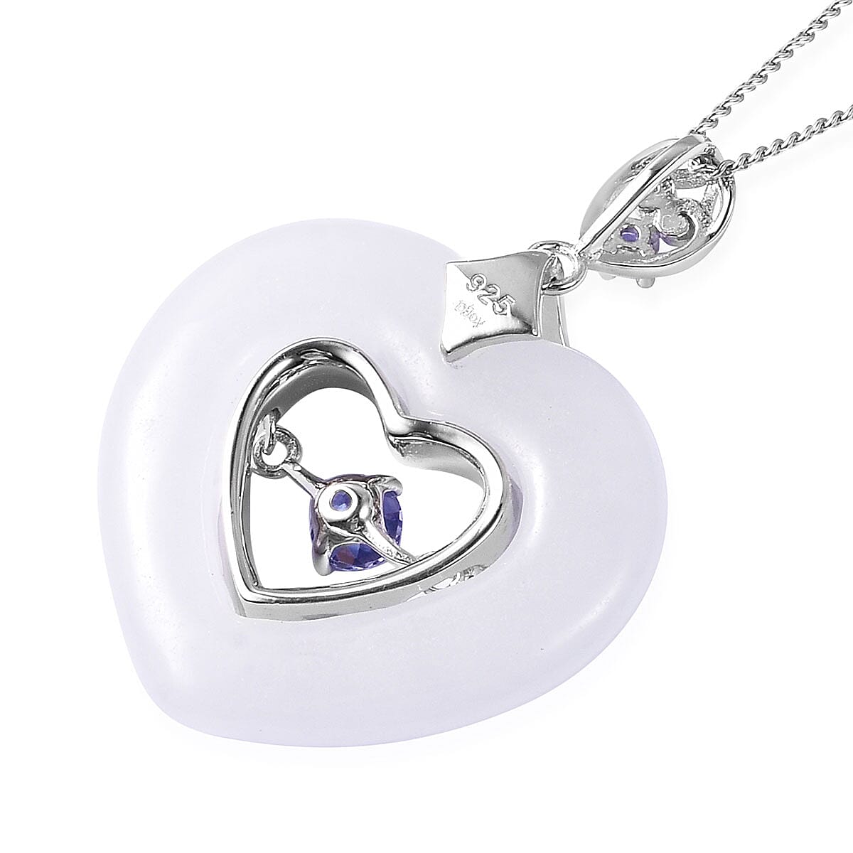 AAA Tanzanite and White Jade Carved Inner Heart Pendant Necklace 18 Inch in Sterling Silver 18.98 ctw