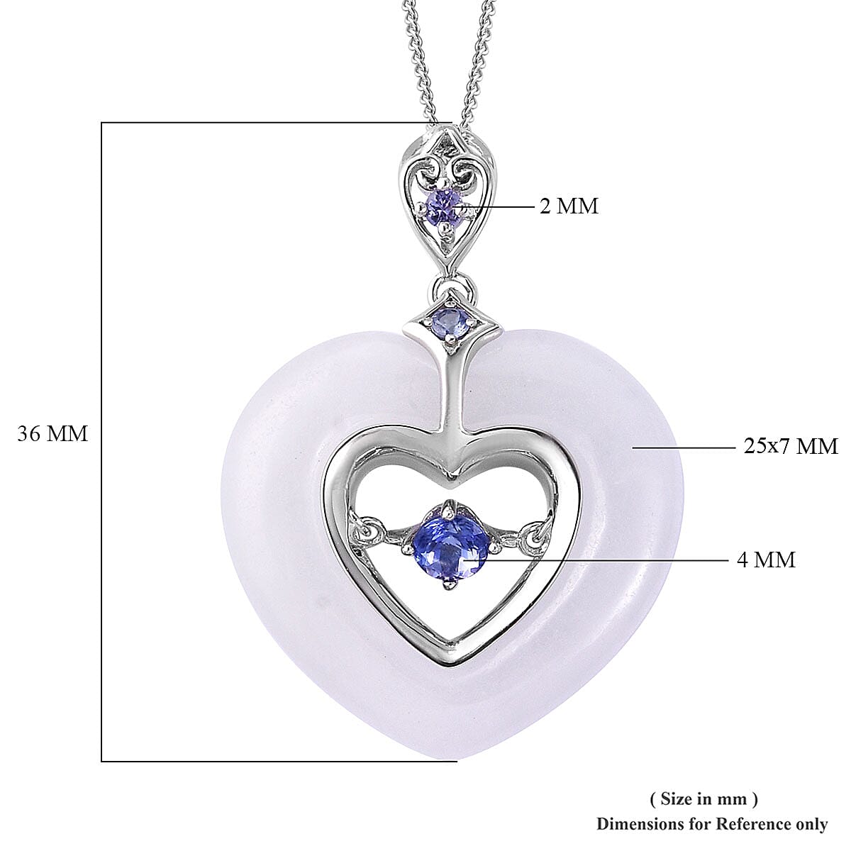 AAA Tanzanite and White Jade Carved Inner Heart Pendant Necklace 18 Inch in Sterling Silver 18.98 ctw