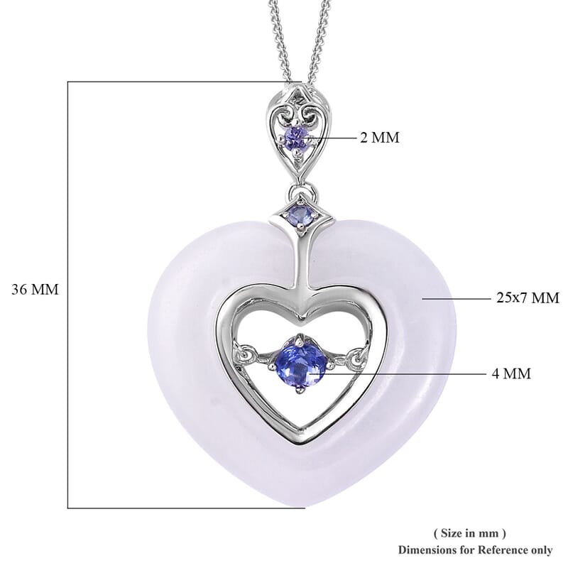 AAA Tanzanite and White Jade Carved Inner Heart Pendant Necklace 18 Inch in Sterling Silver 18.98 ctw