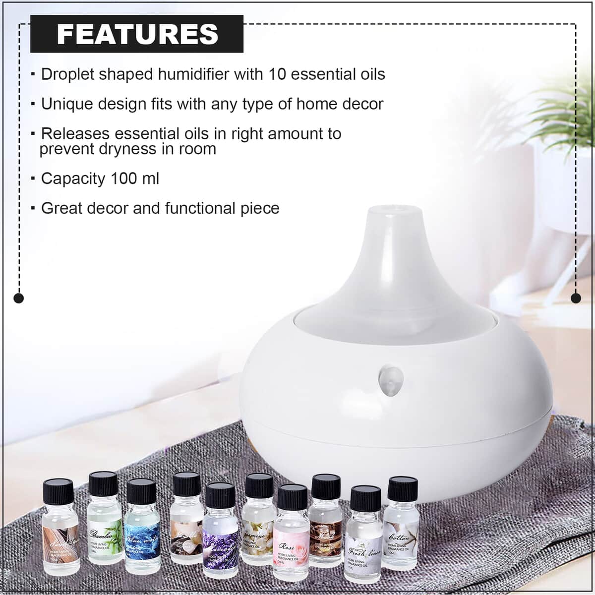 Multi Color Droplet Shaped LED Aroma Humidifier Diffuser with 10 Fragrance Oils image number 2