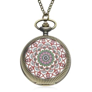 Strada Japanese Movement Red Flower Pattern Rotating Pocket Watch in Goldtone With Chain (31 Inches)
