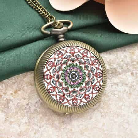 Strada Japanese Movement Red Flower Pattern Rotating Pocket Watch in Goldtone With Chain (31 Inches) image number 1