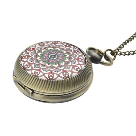 Strada Japanese Movement Red Flower Pattern Rotating Pocket Watch in Goldtone With Chain (31 Inches) image number 2