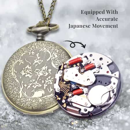 Strada Japanese Movement Red Flower Pattern Rotating Pocket Watch in Goldtone With Chain (31 Inches) image number 5