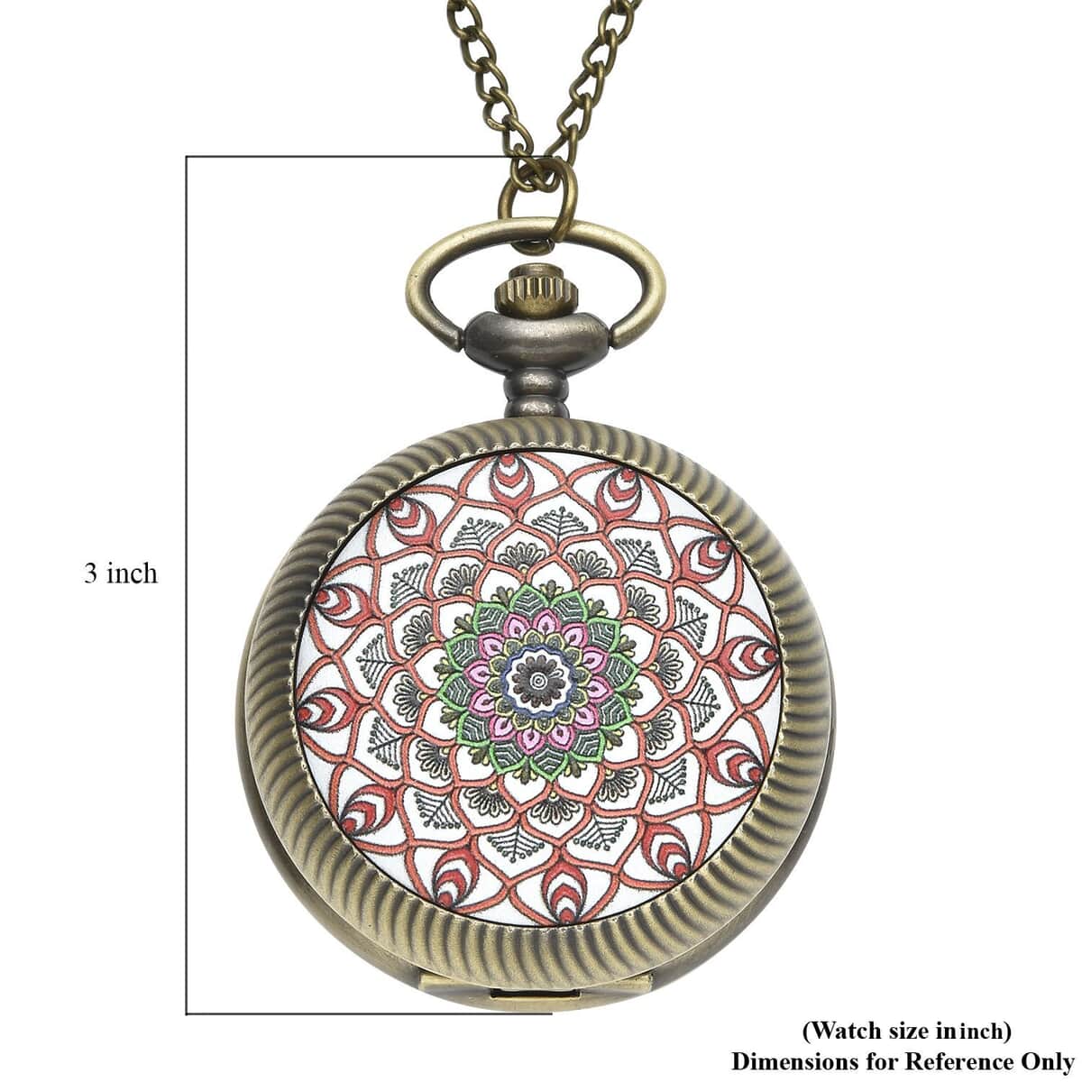 Strada Japanese Movement Red Flower Pattern Rotating Pocket Watch in Goldtone With Chain (31 Inches) image number 6