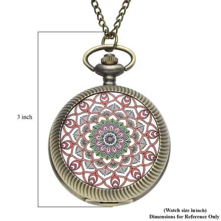 Strada Japanese Movement Red Flower Pattern Rotating Pocket Watch in Goldtone With Chain (31 Inches) image number 6