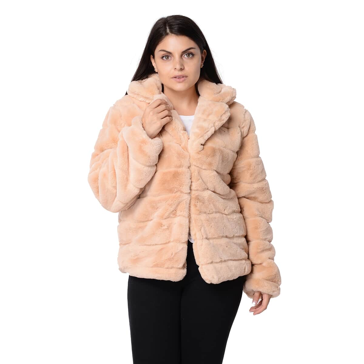 Toasted Almond Stripe Pattern Faux Fur Coat with Hook and Eye Closure (S, Polyester) image number 1