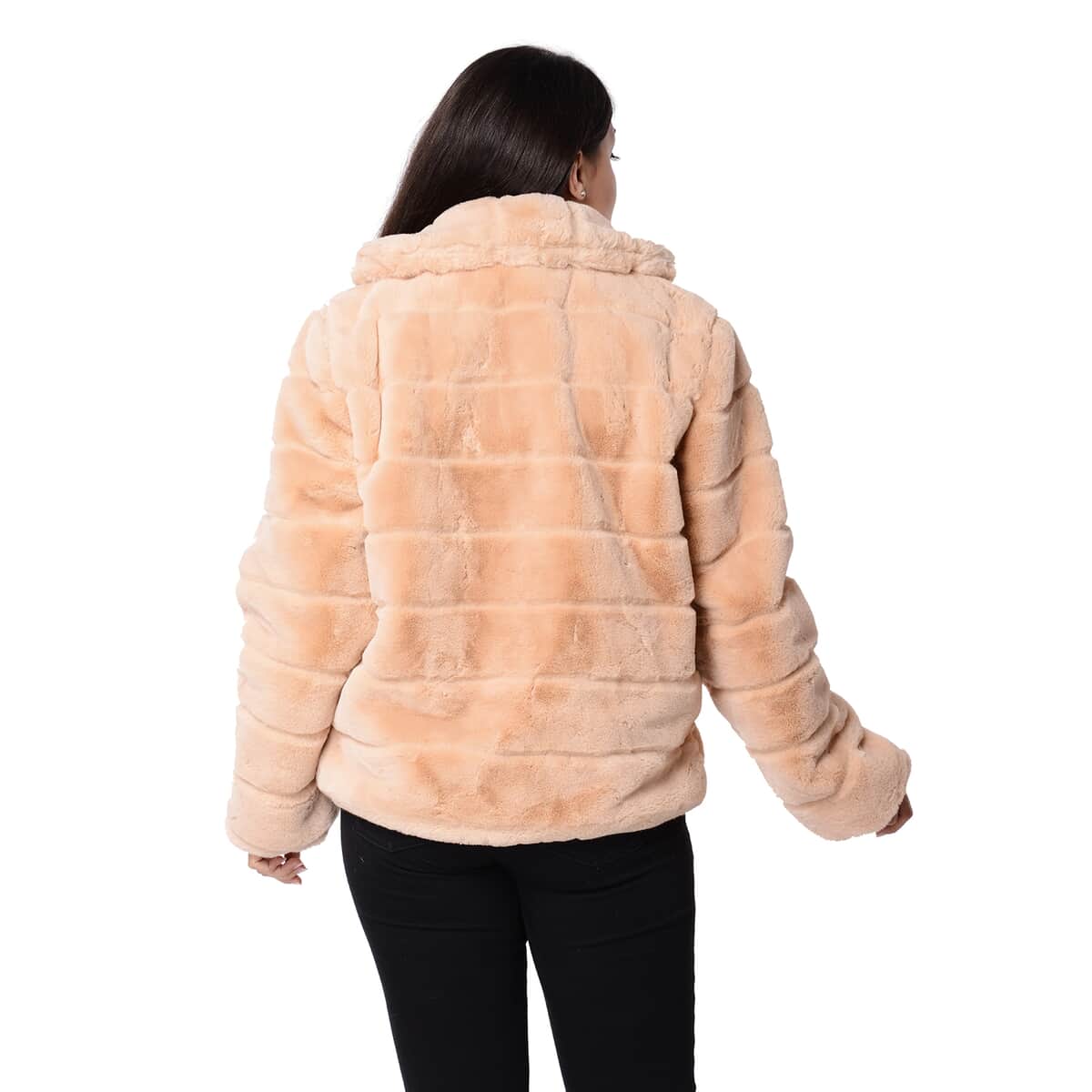 Toasted Almond Stripe Pattern Faux Fur Coat with Hook and Eye Closure (S, Polyester) image number 2