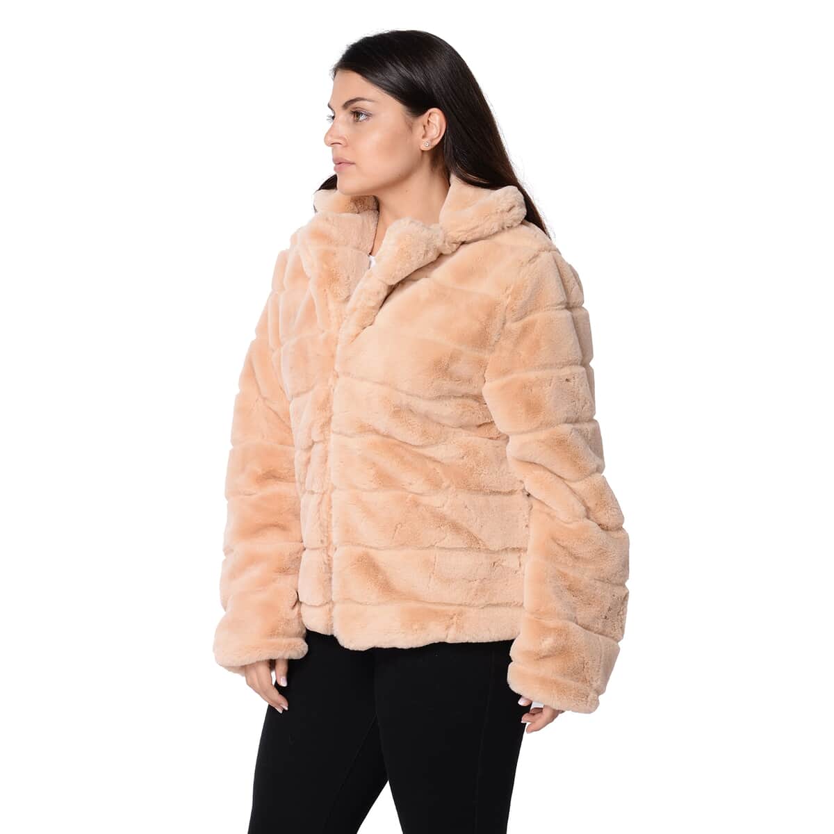 Toasted Almond Stripe Pattern Faux Fur Coat with Hook and Eye Closure (S, Polyester) image number 3